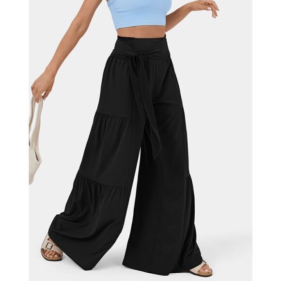 NWT Gorgeous XL High Waisted Black Tie Front/Back Wide Leg Flowy Tiered Pants - Picture 10 of 12